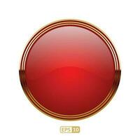 Red glossy button with gold border on white background. Luxury red glossy button. vector