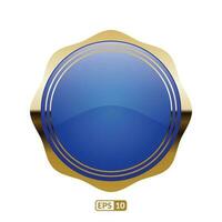 Blue badge with gold trim on a white background. Zig zag circle blue glossy button. vector