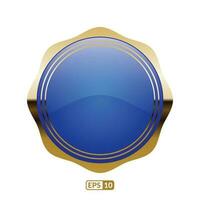 Blue badge with gold trim on a white background. Zig zag circle blue glossy button. vector