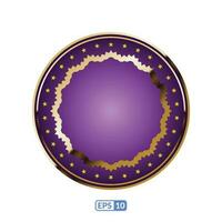 Gold frame round purple label badge. vector