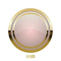 A pink button with gold frame on a white background. Ivory creamy luxury circle button. vector