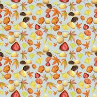 Watercolor seamless pattern with hand drawn traditional Japanese sweets. Wagashi, mochi, autumn maple leaves Isolated on color background. Invitations, restaurant menu, greeting cards, print, textile vector