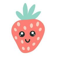 Strawberry character icon with smiley face. Hand drawn cartoon doodle in simple naive style. Vector illustrations in a pastel palette for kids. Isolate cute fruit on a white background