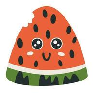 Watermelon character icon with smiley face. Hand-drawn cartoon doodle in simple naive style. Vector illustrations in a pastel palette for kids. Isolate cute fruit on a white background