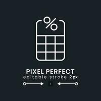 Percentage calculator white linear desktop icon on black. Tax rate. Loan interest. Investment return. Pixel perfect, outline 2px. Isolated user interface symbol for dark theme. Editable stroke vector