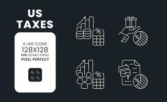 US taxes white linear desktop icons on black. Federal budget. Dividend income. Financial sector. Pixel perfect 128x128, outline 2px. Isolated interface symbols pack for dark mode. Editable stroke vector