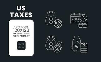 US taxes white linear desktop icons on black. Revenue system. Taxation policies. Taxable income. Pixel perfect 128x128, outline 2px. Isolated interface symbols pack for dark mode. Editable stroke vector