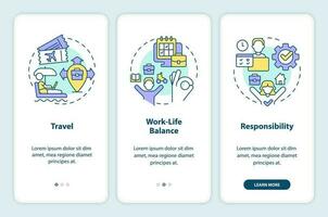 Digital nomad lifestyle onboarding mobile app screen. Distance work walkthrough 3 steps editable graphic instructions with linear concepts. UI, UX, GUI templated vector