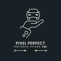 Car dealership white linear desktop icon on black. Automotive retailer. Vehicle distributor. Auto industry. Pixel perfect, outline 2px. Isolated user interface symbol for dark theme. Editable stroke vector