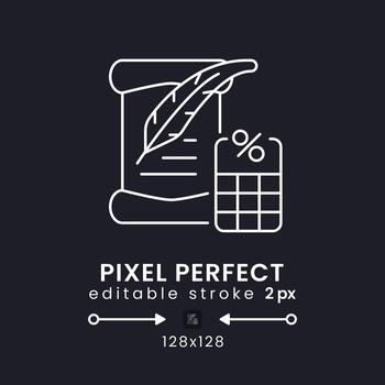 Inheritance Tax white linear desktop icon on black. Wealth transfer levy. Death duty charges. Pixel perfect 128x128, outline 2px. Isolated user interface symbol for dark theme. Editable stroke vector