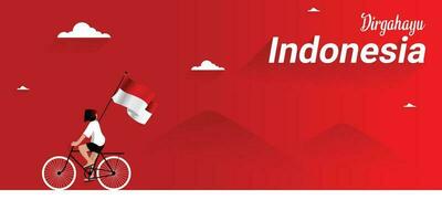 Background Template for Indonesian Independence Day August 17 with the theme of small children pedaling bicycles carrying the red and white Indonesian flag. vector