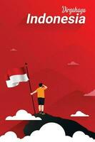 plantilla de publicación del día de la independencia de indonesia - ilustración de un hombre que lleva una bandera en la cima de una montaña. vector