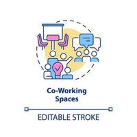 Co working space concept icon. Startup culture. Professional community. Meeting people. Flexible work. Shared office abstract idea thin line illustration. Isolated outline drawing. Editable stroke vector