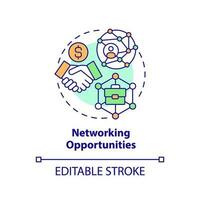 Networking opportunities concept icon. Professional connection. Knowledge sharing. Remote job. Business collaboration abstract idea thin line illustration. Isolated outline drawing. Editable stroke vector