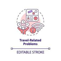 Travel related problems concept icon. Wi fi connection. Time zones. Visa application. Digital nomad lifestyle abstract idea thin line illustration. Isolated outline drawing. Editable stroke vector