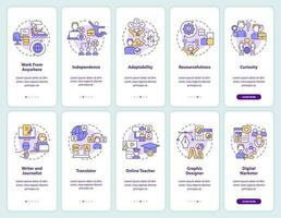 Digital nomad onboarding mobile app screen set. Remote work walkthrough 5 steps editable graphic instructions with linear concepts. UI, UX, GUI templated vector