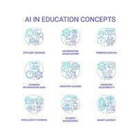 Set of 2D thin line gradient icons representing AI in education concepts, pack of isolated vector illustrations.