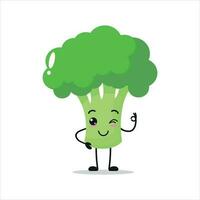 linda contento brócoli personaje. gracioso sonriente y parpadeo brócoli dibujos animados emoticon en plano estilo. vegetal emoji vector ilustración