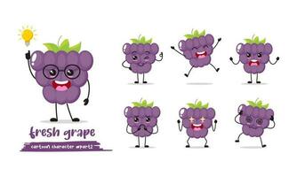 funny grape cartoon with many expressions. different fruit activity vector illustration flat design. smart grape for children story book.