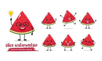 funny slice watermelon cartoon with many expressions. different Fruit activity vector illustration flat design. smart watermelon for children story book.