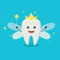 Tooth fairy wearing crown and holding a star magic wand. Cute greeting card for Tooth Fairy Day as funny smiling cartoon character with golden glitter crown, wings. vector