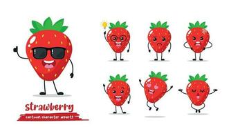 cute strawberry different activity expression emotion. fruit with many activity vector illustration flat design.