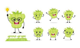 green grape cartoon with many expressions. different fruit activity vector illustration flat design. smart grape for children story book.