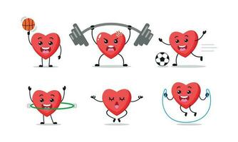 corazón ejercicio deporte diferente actividad vector ilustración pegatina personaje