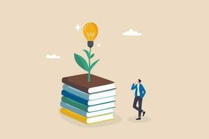 Knowledge, wisdom to create new idea, creativity or innovation from reading books, education or learning new skill to success, study or library, smart young man with book stack with light bulb plant. vector