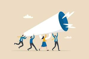 Marketing communication, announce promotion or communicate with employees, community or organization speech, loud voice or announcement concept, business people PR public relation shout on megaphone. vector