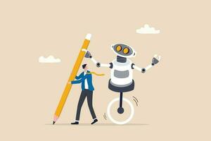 AI Artificial Intelligence work with human, robot or automation to help success, robot to replace human employment, job uncertainty concept, frustrated businessman working with pencil with AI robot. vector