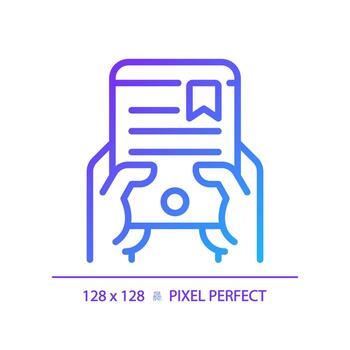 Hand with ebook pixel perfect gradient linear vector icon. Reading via electronic device. Access to digital library. Thin line color symbol. Modern style pictogram. Vector isolated outline drawing