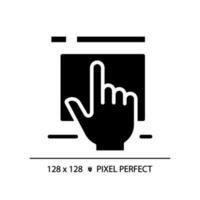 Hand with touchpad pixel perfect black glyph icon. Finger touching controller surface. Digital technology development. Silhouette symbol on white space. Solid pictogram. Vector isolated illustration