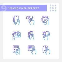 Hands holding electronic gadgets pixel perfect gradient linear vector icons set. Digital equipment usage. Thin line contour symbol designs bundle. Isolated outline illustrations collection