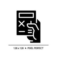 Hand with calculator pixel perfect black glyph icon. Electronic device for counting. Office and school digital tool. Silhouette symbol on white space. Solid pictogram. Vector isolated illustration