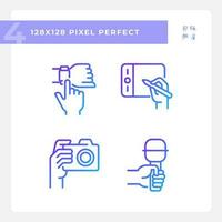Hands with different devices pixel perfect gradient linear vector icons set. Digital technology. Gadget purposes. Thin line contour symbol designs bundle. Isolated outline illustrations collection