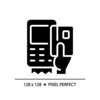 Hand with EDC device pixel perfect black glyph icon. POS terminal for payment with credit cards. Digital banking. Silhouette symbol on white space. Solid pictogram. Vector isolated illustration