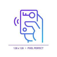 Hand with car remote starter pixel perfect gradient linear vector icon. Wireless automobile key. Digital card. Thin line color symbol. Modern style pictogram. Vector isolated outline drawing