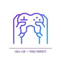 Hands with controller pixel perfect gradient linear vector icon. Person playing video game with joystick. Thin line color symbol. Modern style pictogram. Vector isolated outline drawing