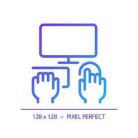 Hands with computer pixel perfect gradient linear vector icon. Person working on PC. Equipment for work and hobby. Thin line color symbol. Modern style pictogram. Vector isolated outline drawing