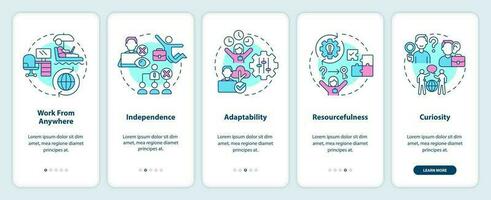 digital nómada caracteristicas inducción móvil aplicación pantalla. recorrido 5 5 pasos editable gráfico instrucciones con lineal conceptos. ui, ux, gui plantilla vector