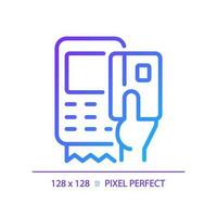 Hand with EDC device pixel perfect gradient linear vector icon. POS terminal for payment with credit cards. Thin line color symbol. Modern style pictogram. Vector isolated outline drawing