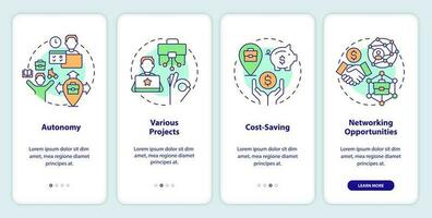 siendo digital nómada pros inducción móvil aplicación pantalla. en línea negocio recorrido 4 4 pasos editable gráfico instrucciones con lineal conceptos. ui, ux, gui plantilla vector