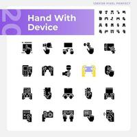 Hands with devices pixel perfect black glyph icons set on white space. User with electronic gadgets. Digital technology. Silhouette symbols. Solid pictogram pack. Vector isolated illustration