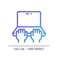Hands with laptop pixel perfect gradient linear vector icon. Person working on notebook computer. Typing on keyboard. Thin line color symbol. Modern style pictogram. Vector isolated outline drawing
