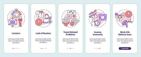 Being digital nomad cons onboarding mobile app screen. Self employed walkthrough 5 steps editable graphic instructions with linear concepts. UI, UX, GUI templated vector