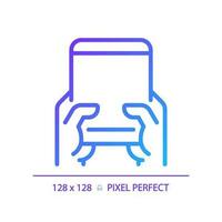 Hand with tablet pixel perfect gradient linear vector icon. Person using mobile device. Browsing internet via gadget. Thin line color symbol. Modern style pictogram. Vector isolated outline drawing