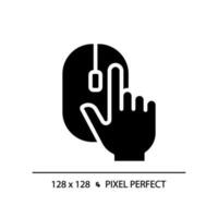 Hand with computer mouse pixel perfect black glyph icon. Computer controller device. User clicking PC accessory. Silhouette symbol on white space. Solid pictogram. Vector isolated illustration