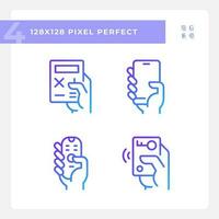 Hands with mobile devices pixel perfect gradient linear vector icons set. Appliances for control and communication. Thin line contour symbol designs bundle. Isolated outline illustrations collection