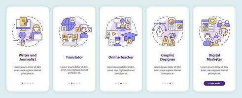Digital nomad occupations onboarding mobile app screen. Earn online walkthrough 5 steps editable graphic instructions with linear concepts. UI, UX, GUI templated vector